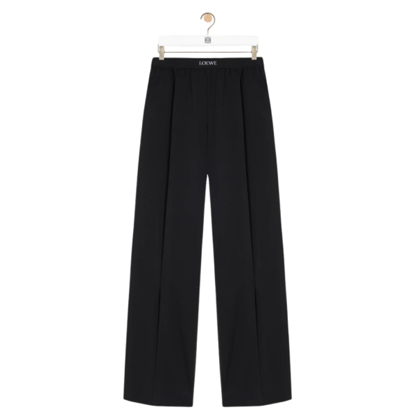 Pantalon LOEWE laine fluide noir taille élastique logo jacquard