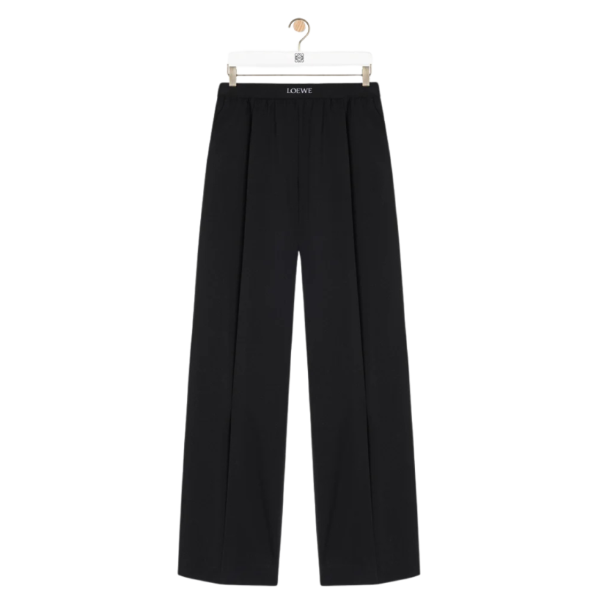 Pantalon LOEWE laine fluide noir taille élastique logo jacquard
