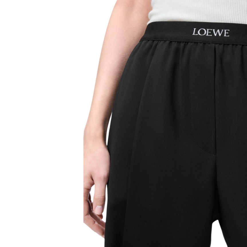 Pantalon LOEWE laine fluide noir taille élastique logo jacquard