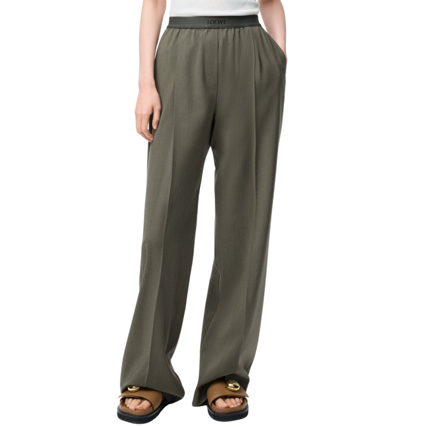 Pantalon LOEWE laine fluide kaki taille élastique logo jacquard
