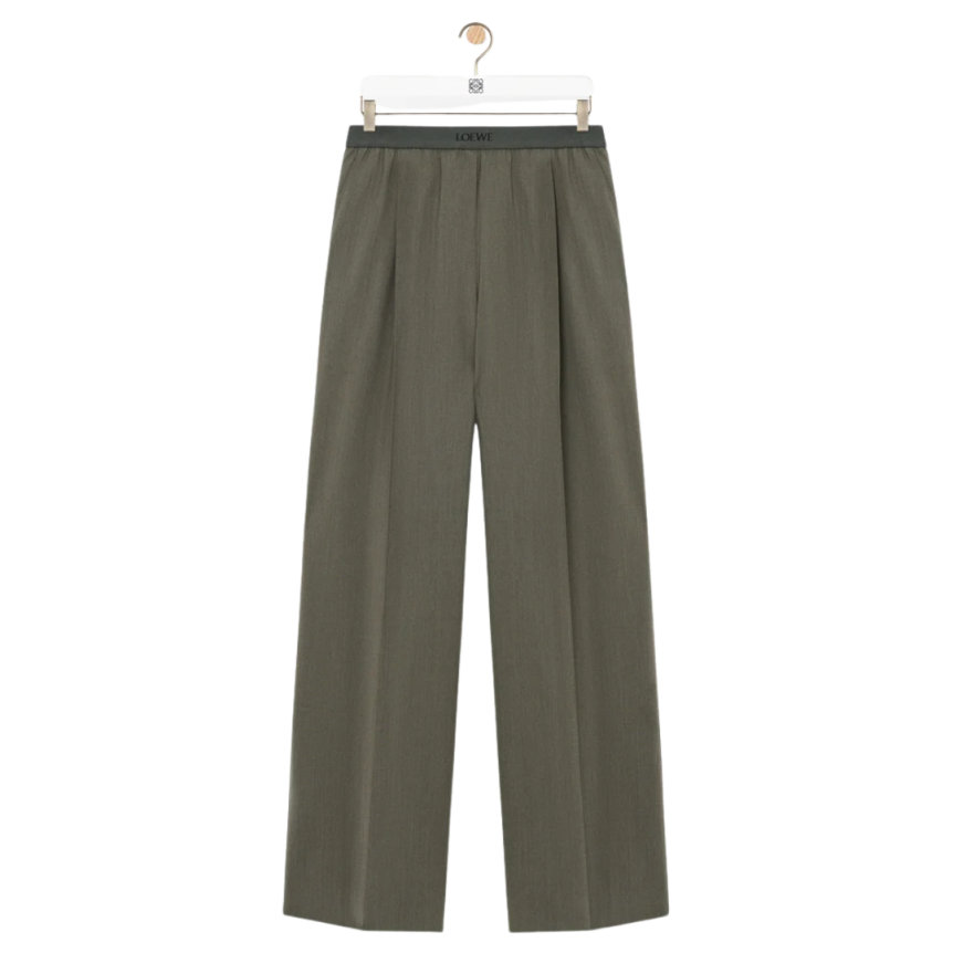 Pantalon LOEWE laine fluide kaki taille élastique logo jacquard
