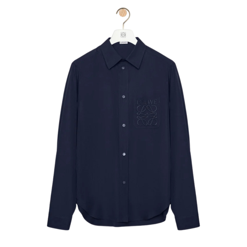 Chemise manche longue LOEWE popeline coton léger bleu marine broderie anagramme