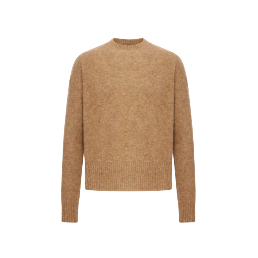 Pull col rond AMI Paris maille laine alpaga camel broderie Ami