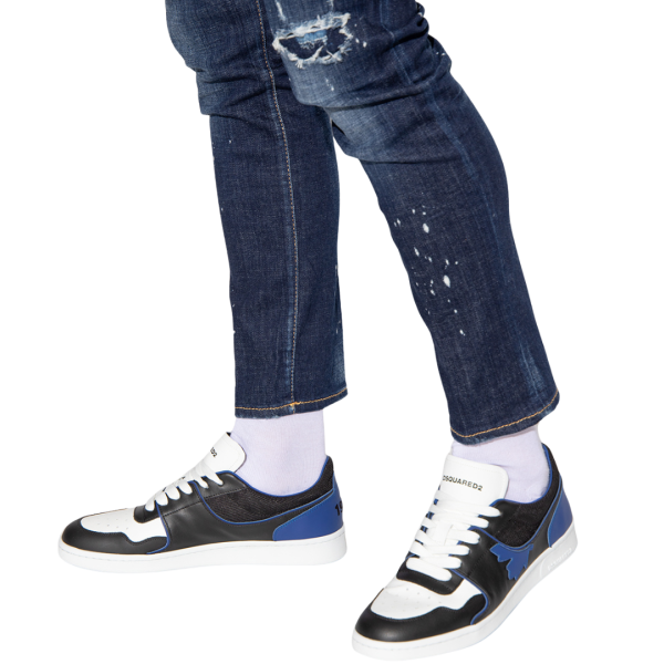 DSQUARED Baskets basses lacets Boxer cuir blanc bleu noir