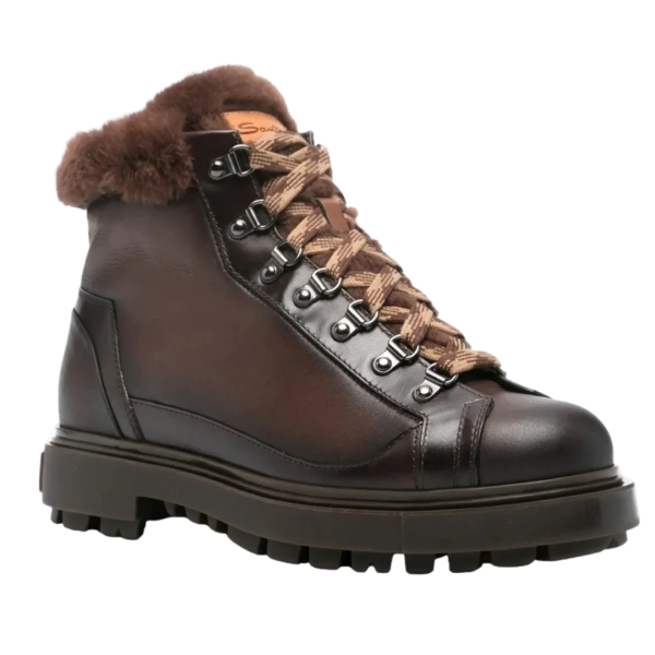 Bottines boots SANTONI randonnée fourrées cuir marron chocolat lacets