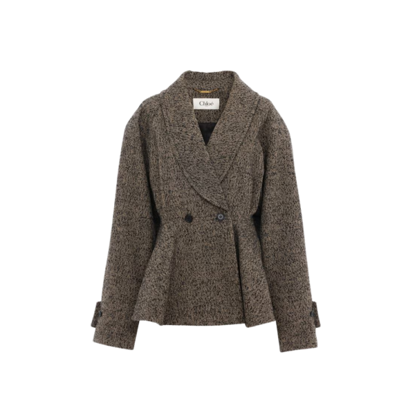 Manteau CHLOE cavalier court à basque laine chevrons marron beige