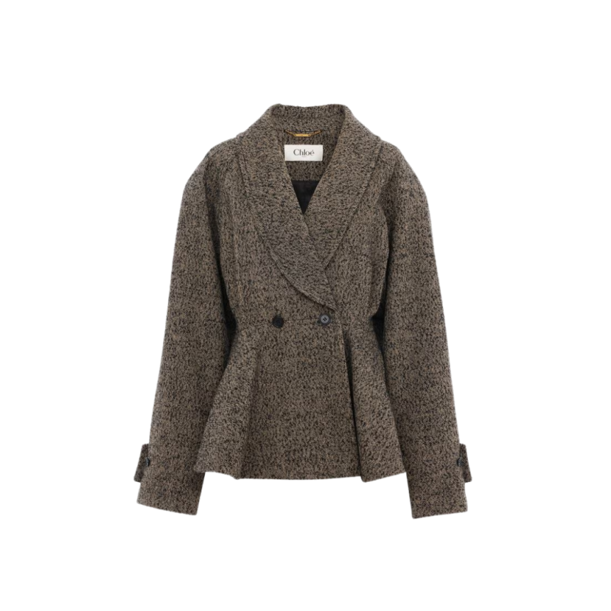 Manteau CHLOE cavalier court à basque laine chevrons marron beige