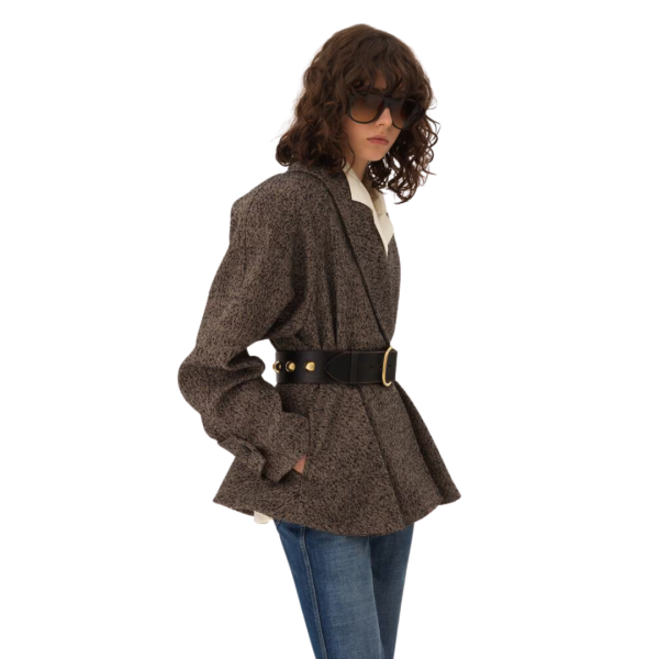 Manteau CHLOE cavalier court à basque laine chevrons marron beige