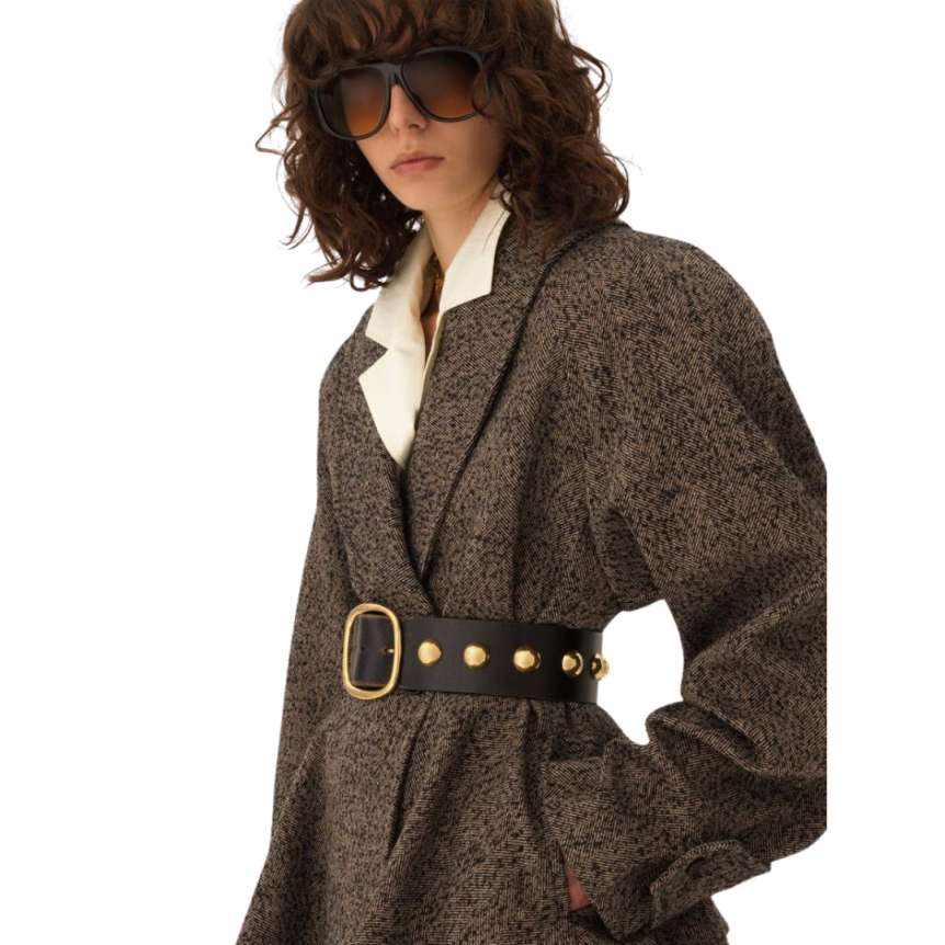 Manteau CHLOE cavalier court à basque laine chevrons marron beige