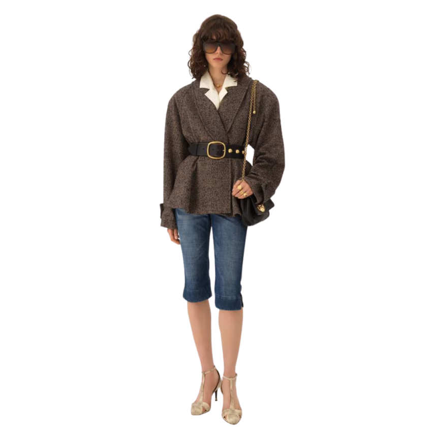 Manteau CHLOE cavalier court à basque laine chevrons marron beige