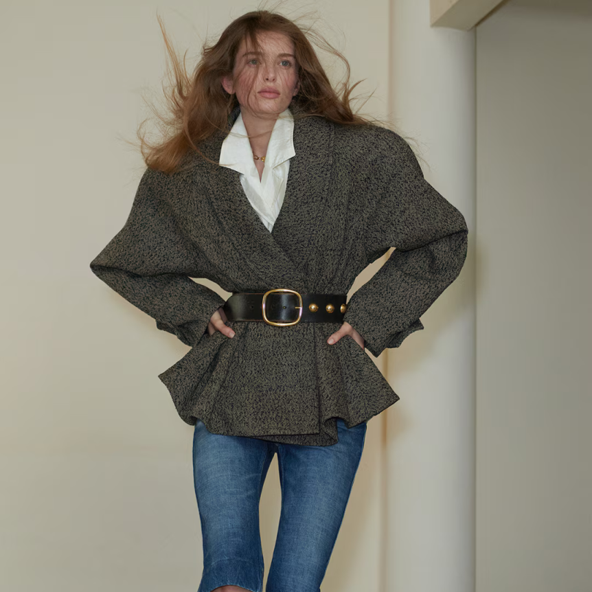 Manteau CHLOE cavalier court à basque laine chevrons marron beige