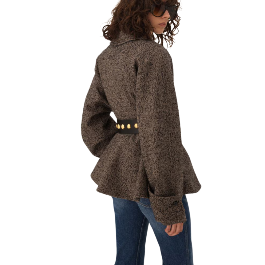 Manteau CHLOE cavalier court à basque laine chevrons marron beige