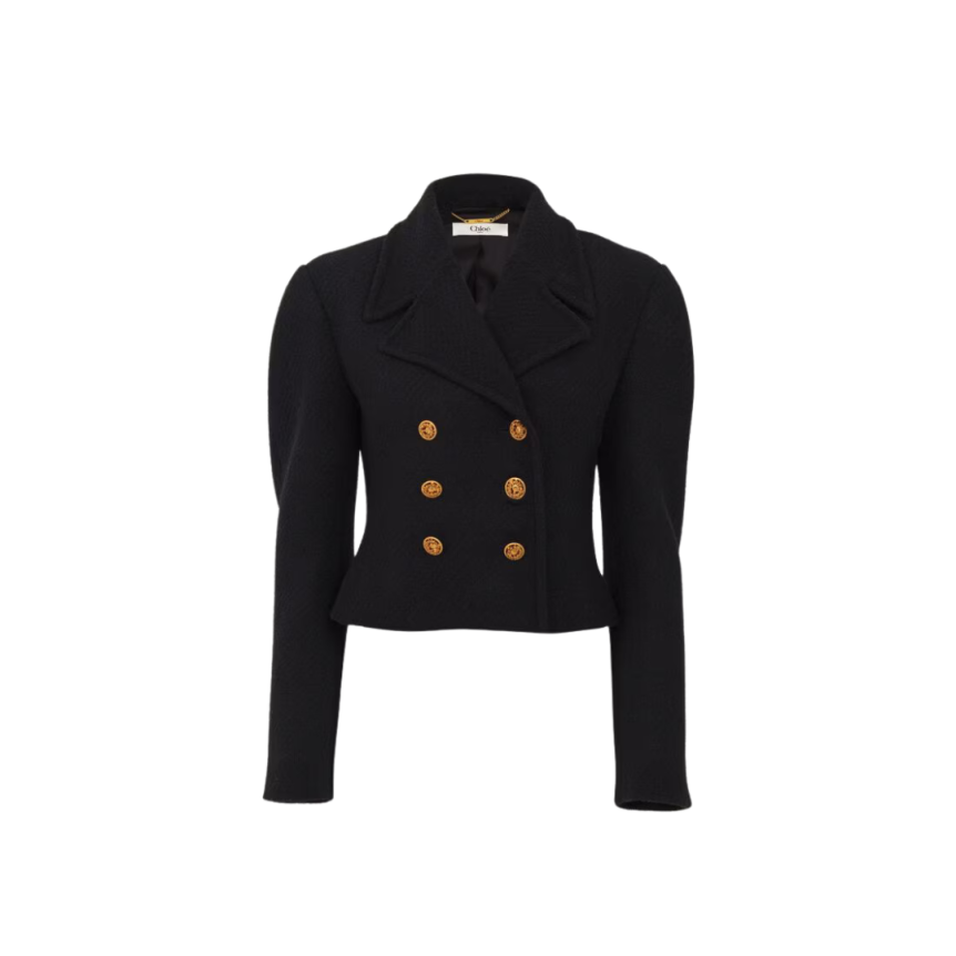 Veste courte croisée CHLOE laine bouclette noir boutons dorés