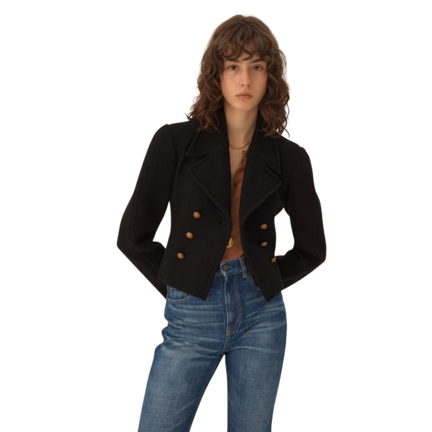 Veste courte croisée CHLOE laine bouclette noir boutons dorés