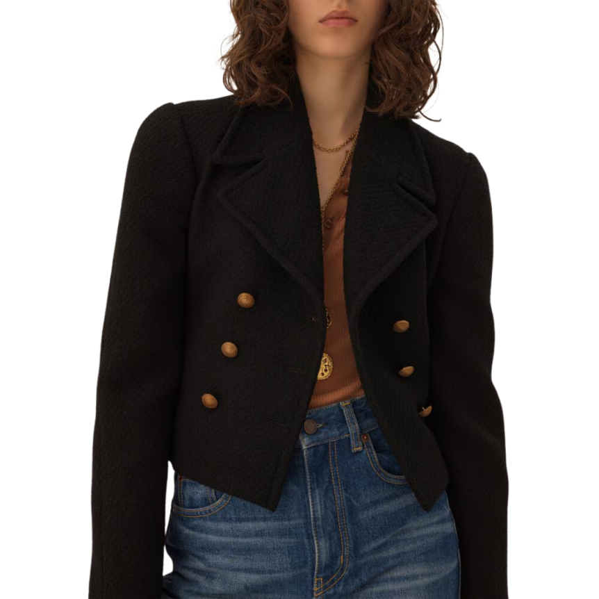 Veste courte croisée CHLOE laine bouclette noir boutons dorés