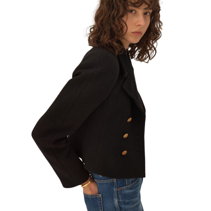 Veste courte croisée CHLOE laine bouclette noir boutons dorés