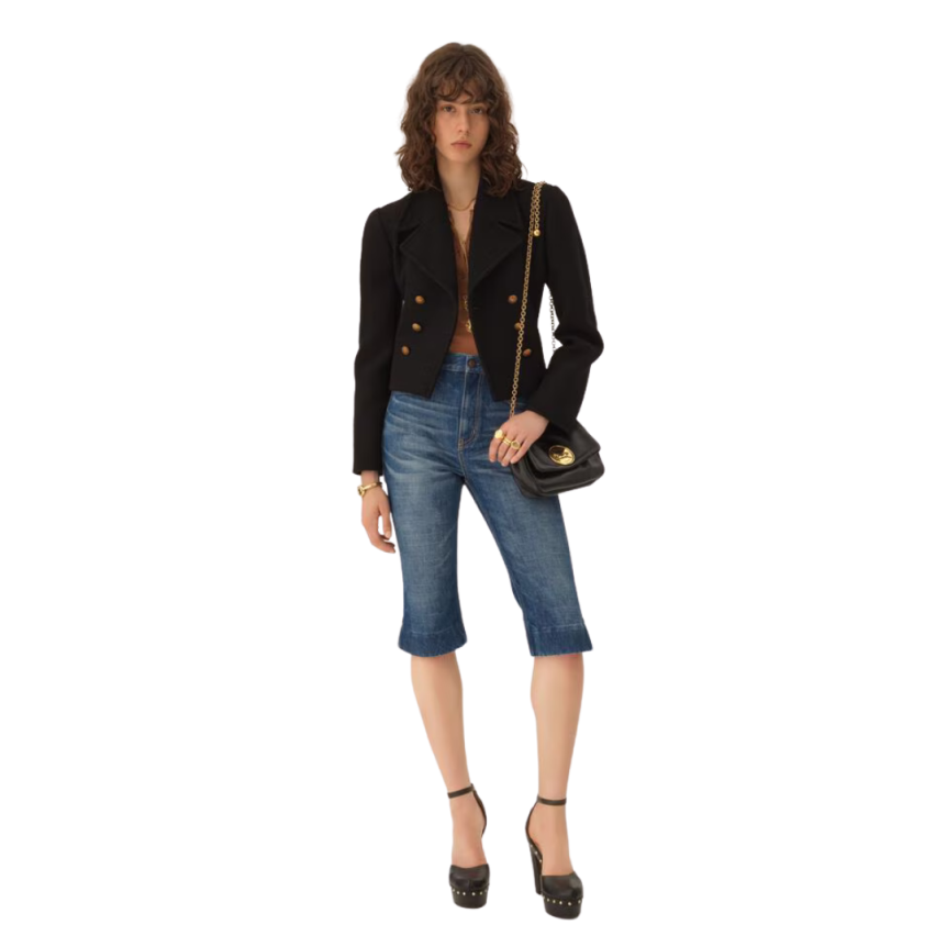 Veste courte croisée CHLOE laine bouclette noir boutons dorés