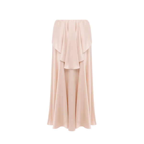 Jupe midi fluide CHLOE satin soie rose volants