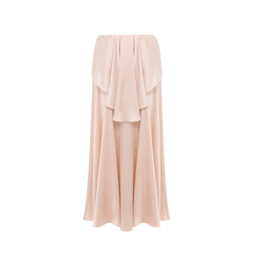 Jupe midi fluide CHLOE satin soie rose volants
