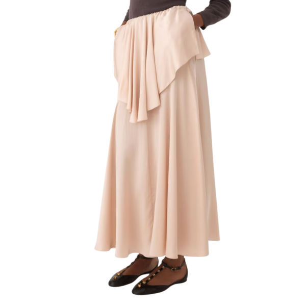 Jupe midi fluide CHLOE satin soie rose volants