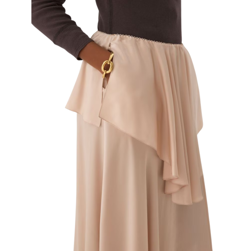 Jupe midi fluide CHLOE satin soie rose volants