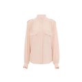 Blouse froncée col montant soie crêpe rose épaulettes poches rabats
