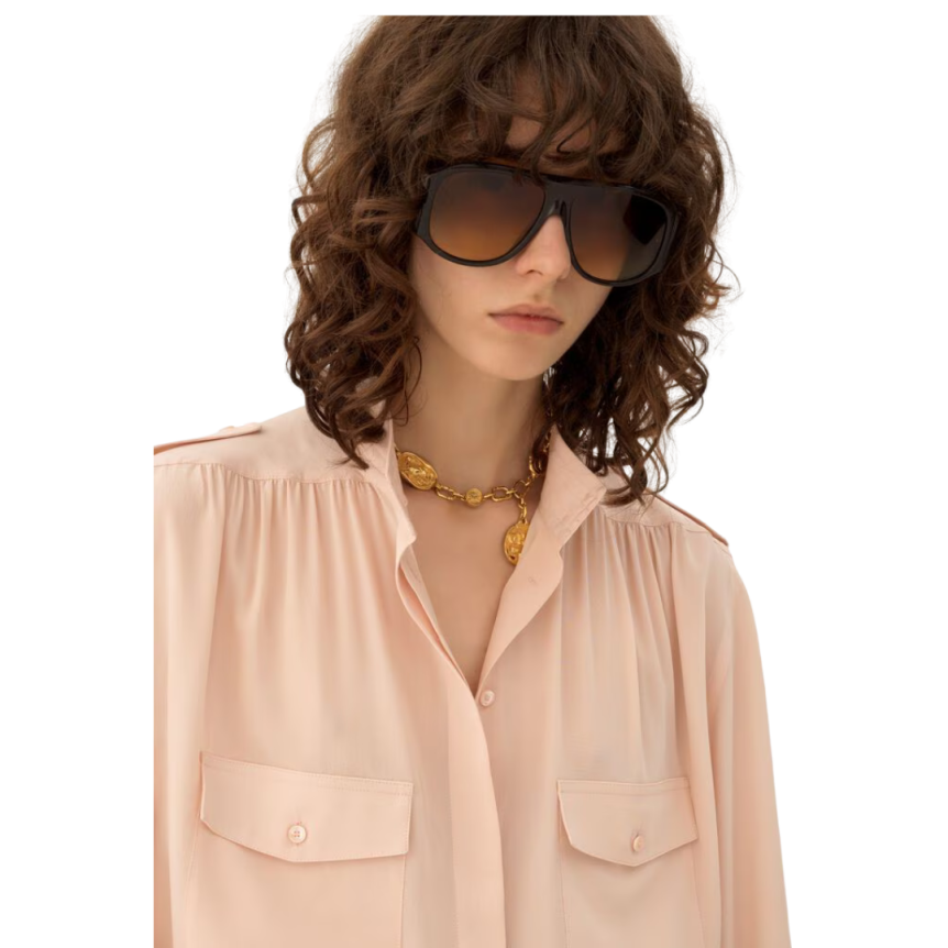 Blouse froncée CHLOE col montant soie crêpe rose épaulettes poches rabats