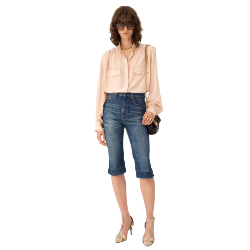 Blouse froncée CHLOE col montant soie crêpe rose épaulettes poches rabats