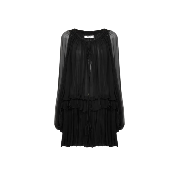 Mini robe CHLOE cape froncée mousseline soie bio noir volants liens