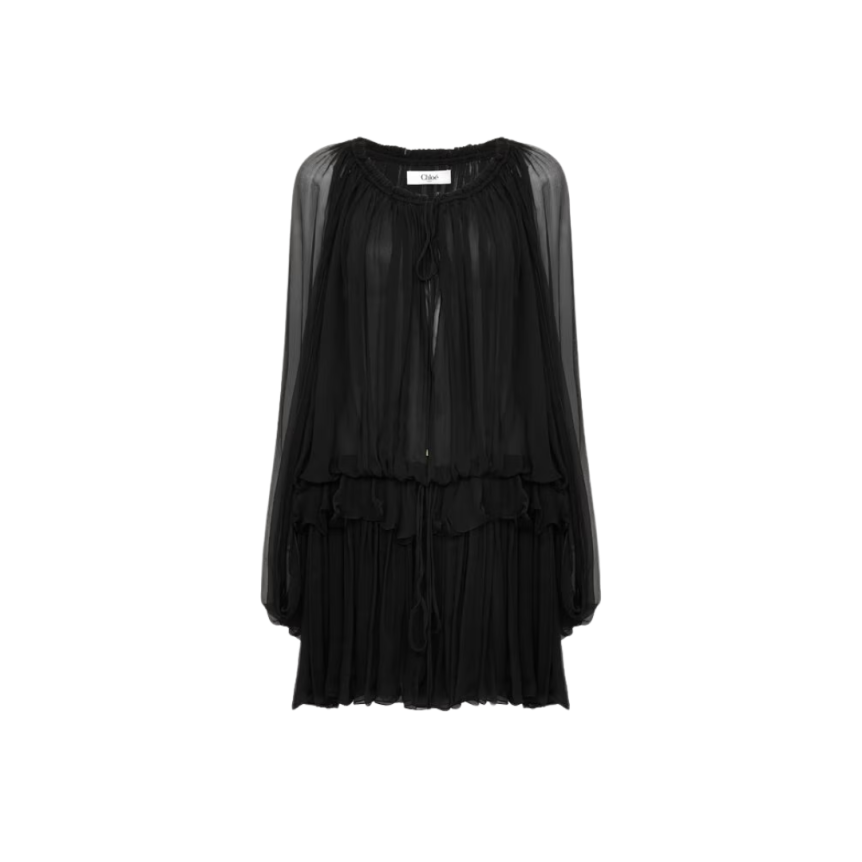 Mini robe CHLOE cape froncée mousseline soie bio noir volants liens