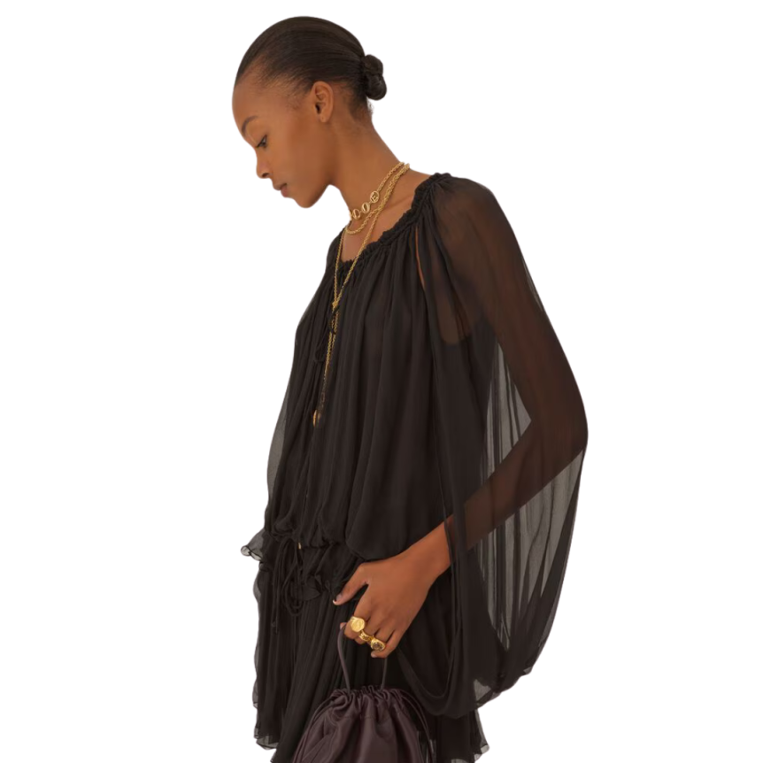 Mini robe CHLOE cape froncée mousseline soie bio noir volants liens