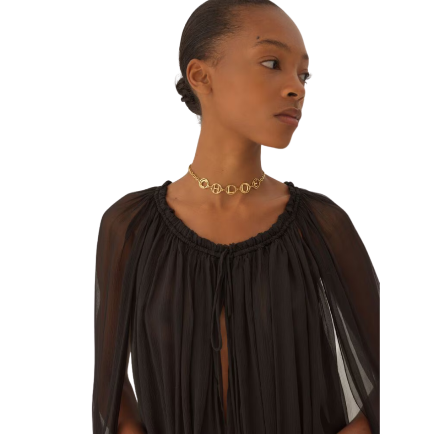 Mini robe CHLOE cape froncée mousseline soie bio noir volants liens