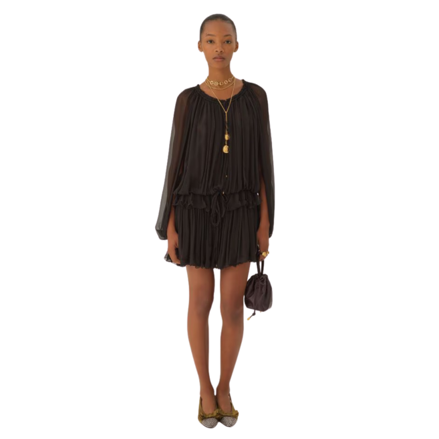 Mini robe CHLOE cape froncée mousseline soie bio noir volants liens