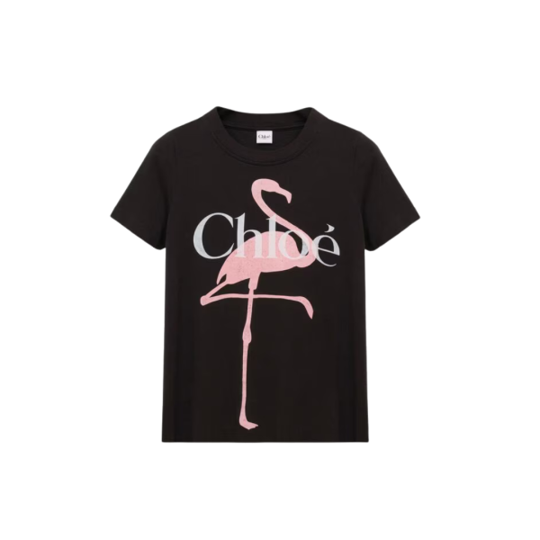 T-shirt col rond ajusté CHLOE jersey coton bio noir flamants roses