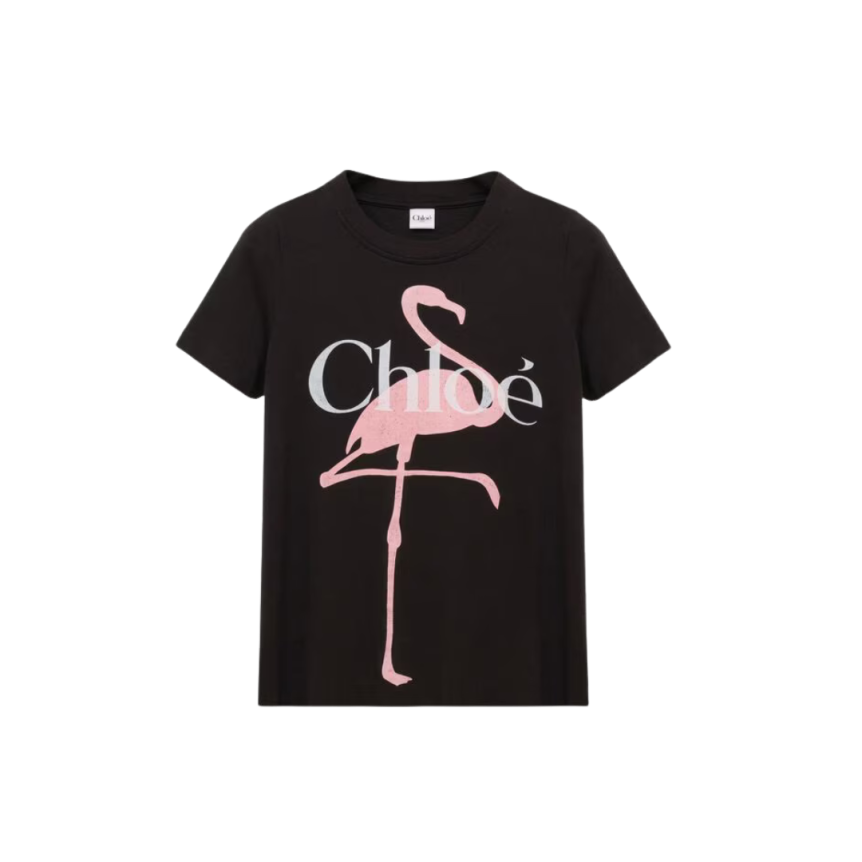 T-shirt col rond ajusté CHLOE jersey coton bio noir flamants roses