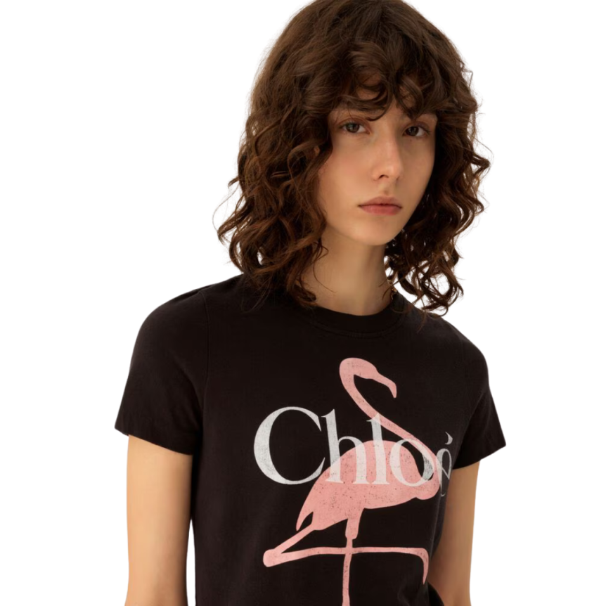 T-shirt col rond ajusté CHLOE jersey coton bio noir flamants roses