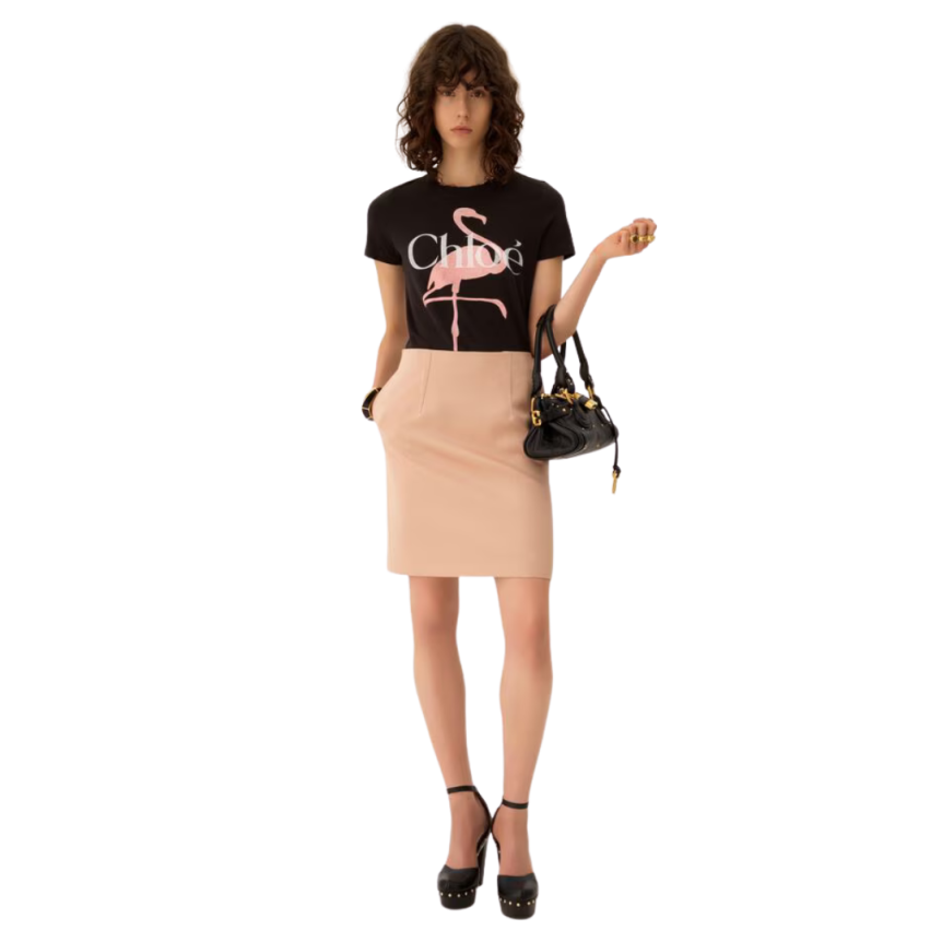 T-shirt col rond ajusté CHLOE jersey coton bio noir flamants roses