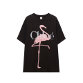 T-shirt col rond ample jersey coton bio noir flamants roses