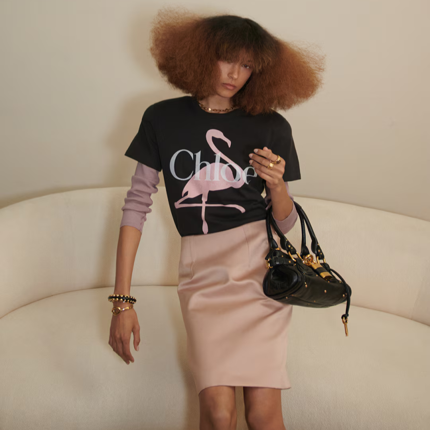 T-shirt col rond ample CHLOE jersey coton bio noir flamants roses