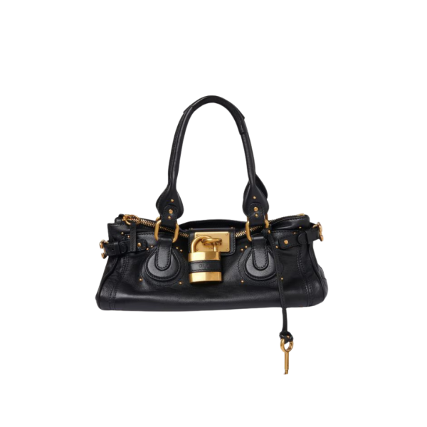 Sac porté main épaule CHLOE Paddington cuir noir cadenas doré
