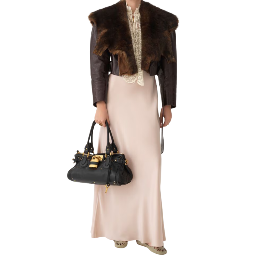 Sac porté main épaule CHLOE Paddington cuir noir cadenas doré