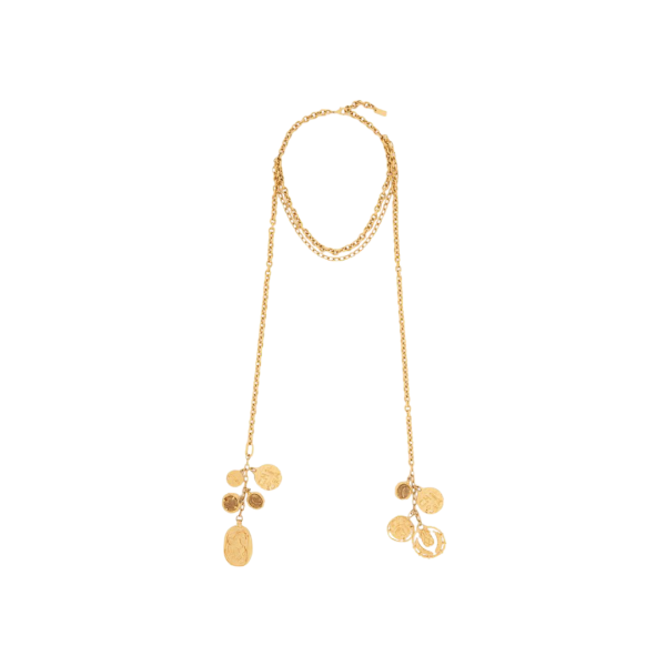 Collier long CHLOE laiton doré multi médailles