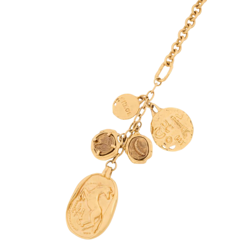 Collier long CHLOE laiton doré multi médailles