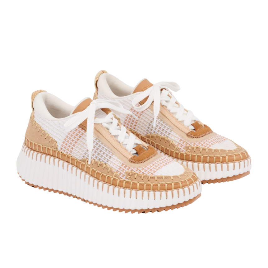 Baskets basses CHLOE Nama empiècements contrastés cuir vachette velours marron cannelle