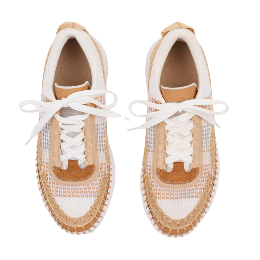 Baskets basses CHLOE Nama empiècements contrastés cuir vachette velours marron cannelle