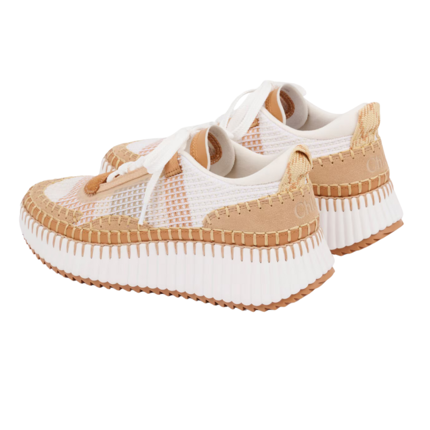 Baskets basses CHLOE Nama empiècements contrastés cuir vachette velours marron cannelle