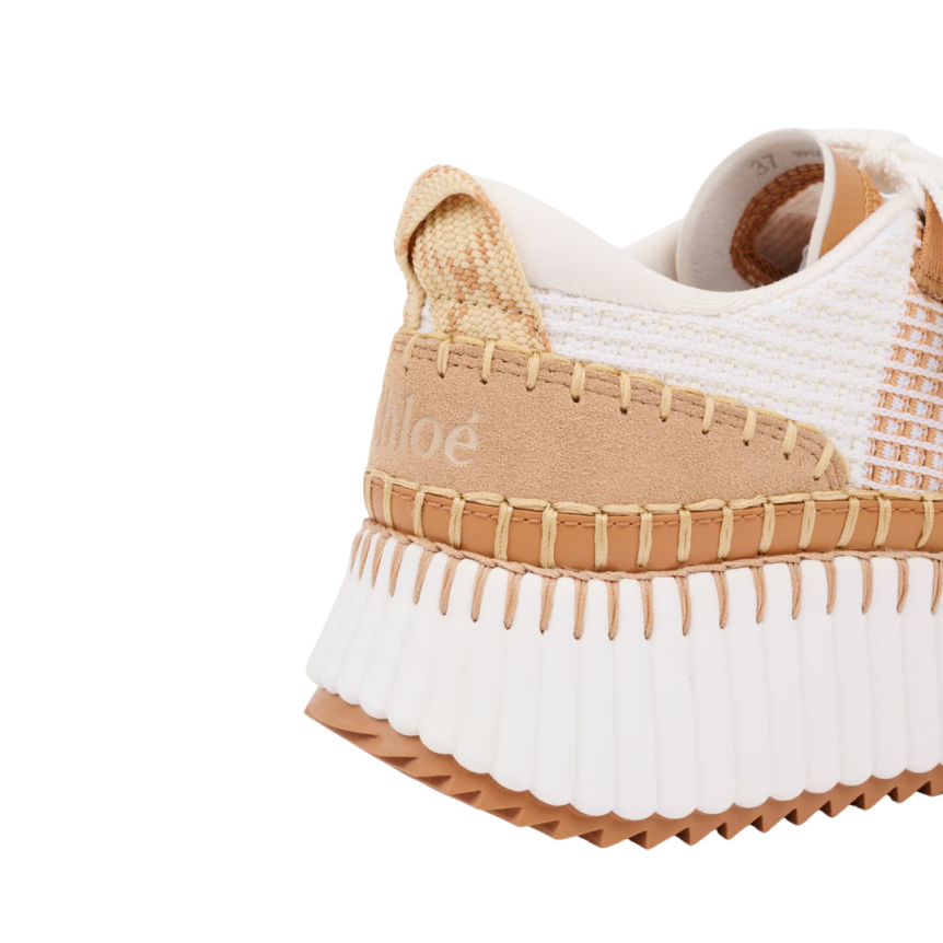 Baskets basses CHLOE Nama empiècements contrastés cuir vachette velours marron cannelle