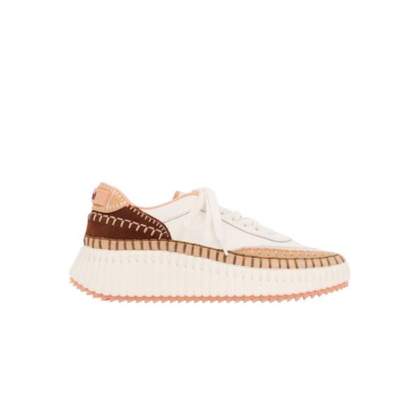 Baskets basses CHLOE Nama empiècements contrastés cuir vachette velours marron pêche