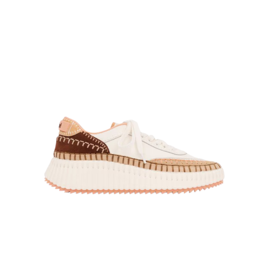 Baskets basses CHLOE Nama empiècements contrastés cuir vachette velours marron pêche