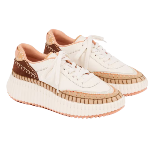 Baskets basses CHLOE Nama empiècements contrastés cuir vachette velours marron pêche